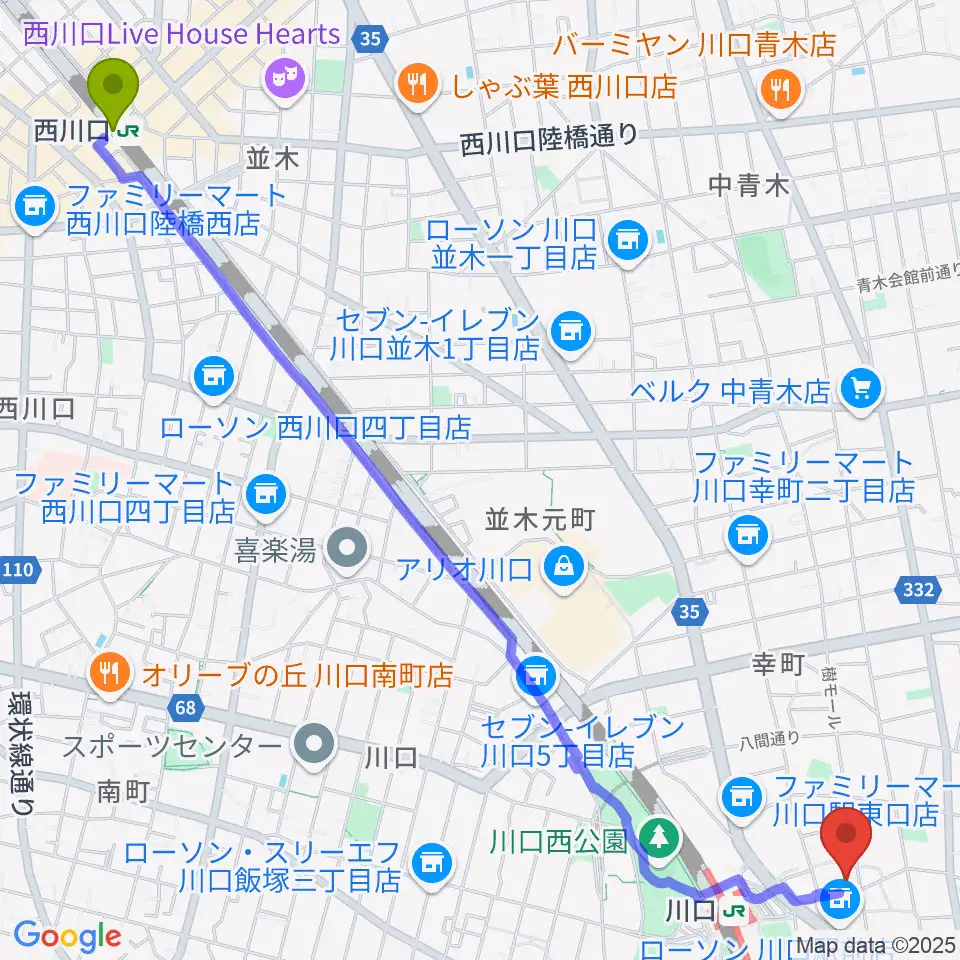 西川口駅から川口ショックオンへのルートマップ地図