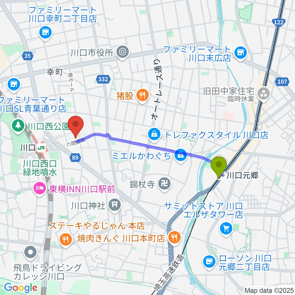 川口元郷駅から川口ショックオンへのルートマップ地図