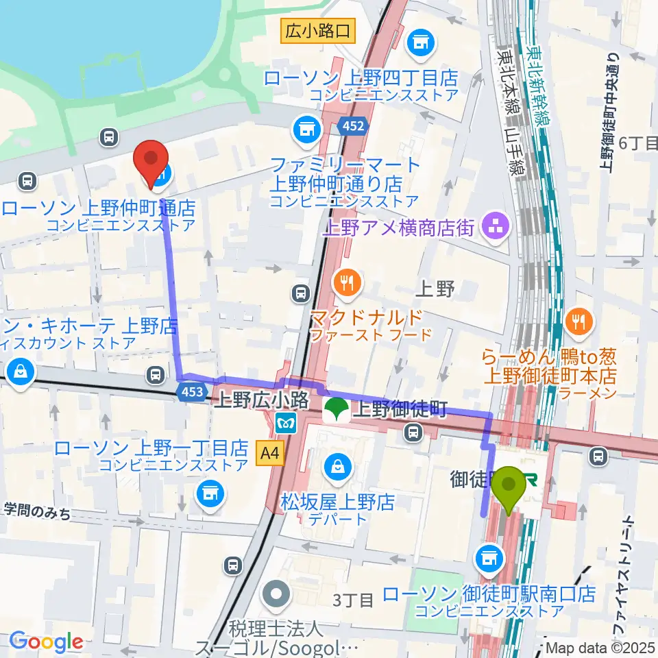 御徒町駅から上野ANTON STUDIOへのルートマップ地図