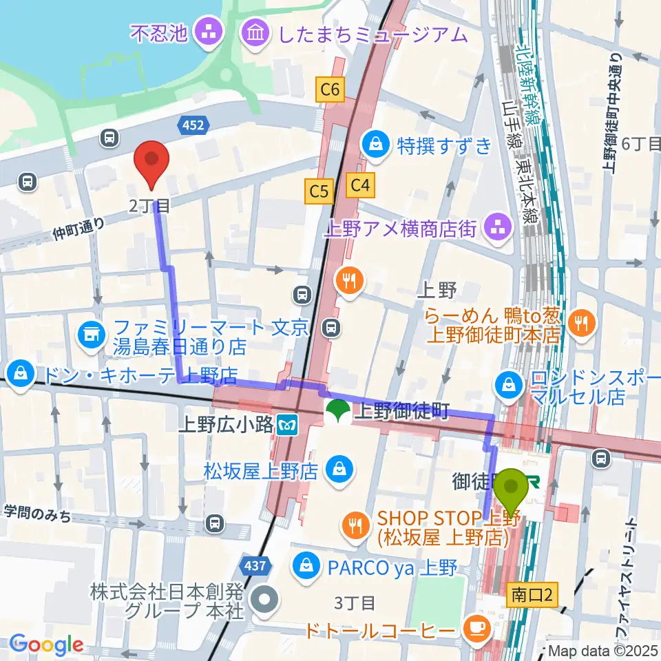 御徒町駅から上野ANTON STUDIOへのルートマップ地図
