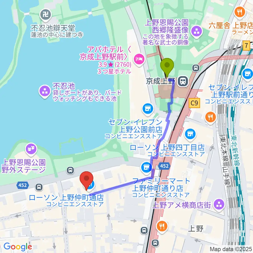 京成上野駅から上野ANTON STUDIOへのルートマップ地図