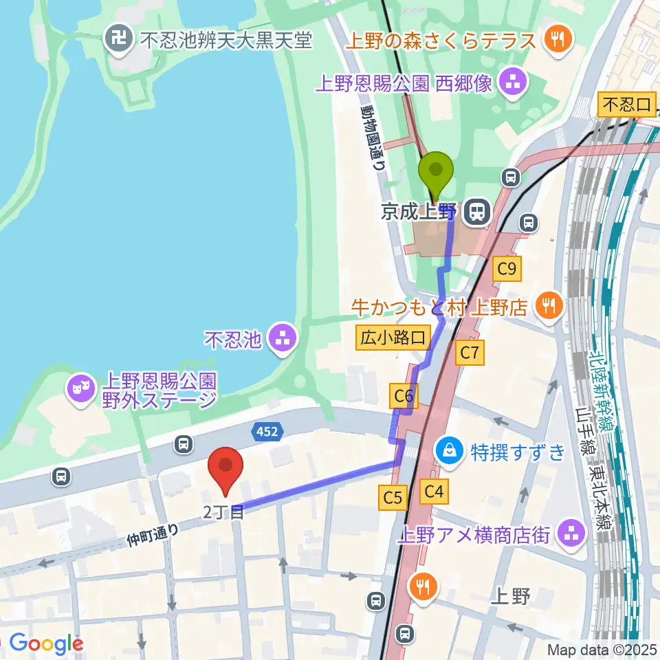 京成上野駅から上野ANTON STUDIOへのルートマップ地図