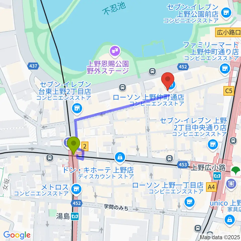 上野ANTON STUDIOの最寄駅湯島駅からの徒歩ルート（約4分）地図