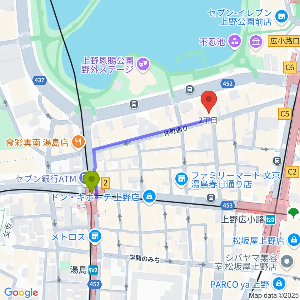 上野ANTON STUDIOの最寄駅湯島駅からの徒歩ルート（約4分）地図