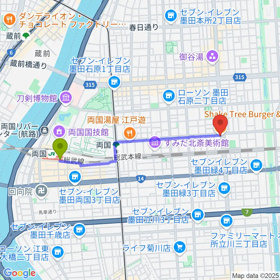 両国駅から錦糸町J-flowへのルートマップ地図