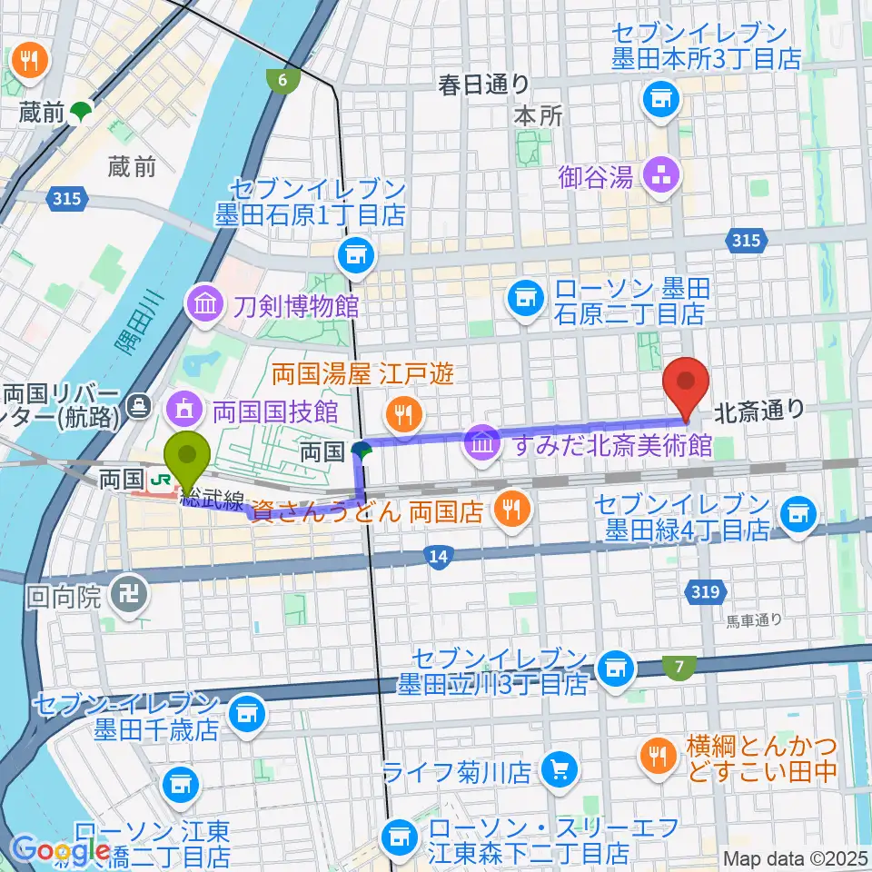 両国駅から錦糸町J-flowへのルートマップ地図
