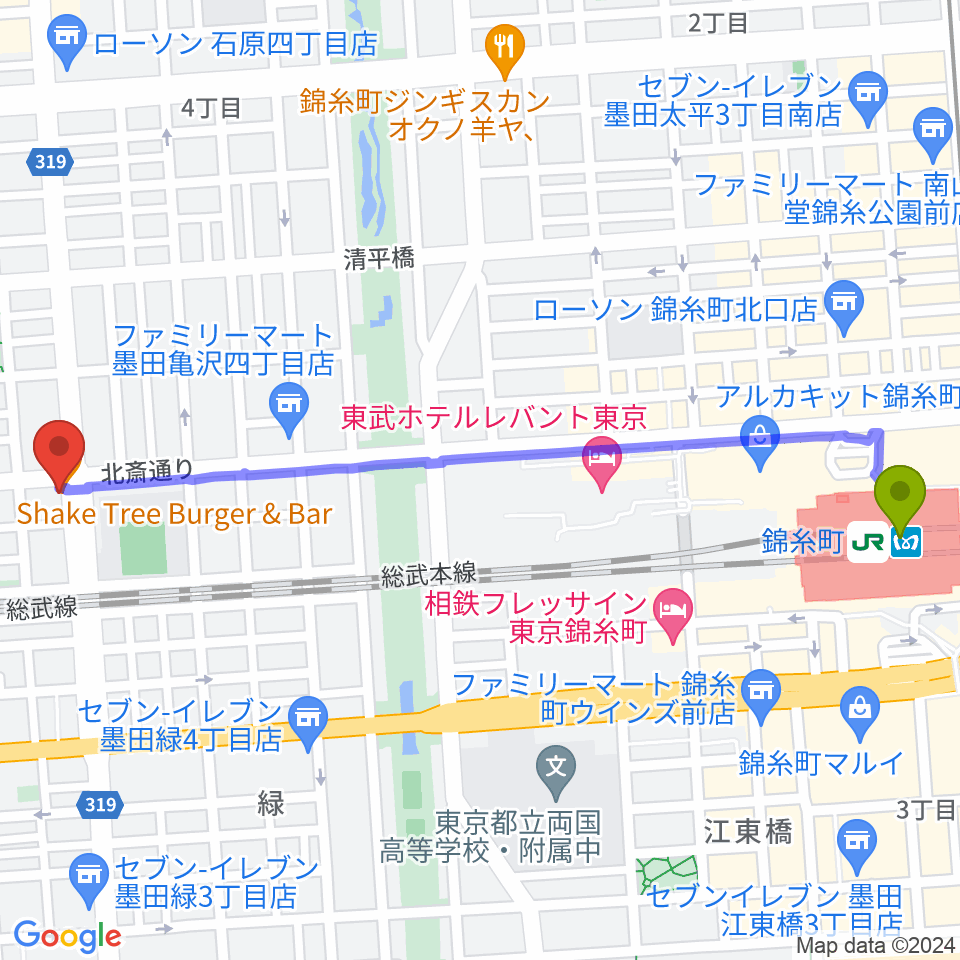 錦糸町J-flowの最寄駅錦糸町駅からの徒歩ルート（約14分）地図