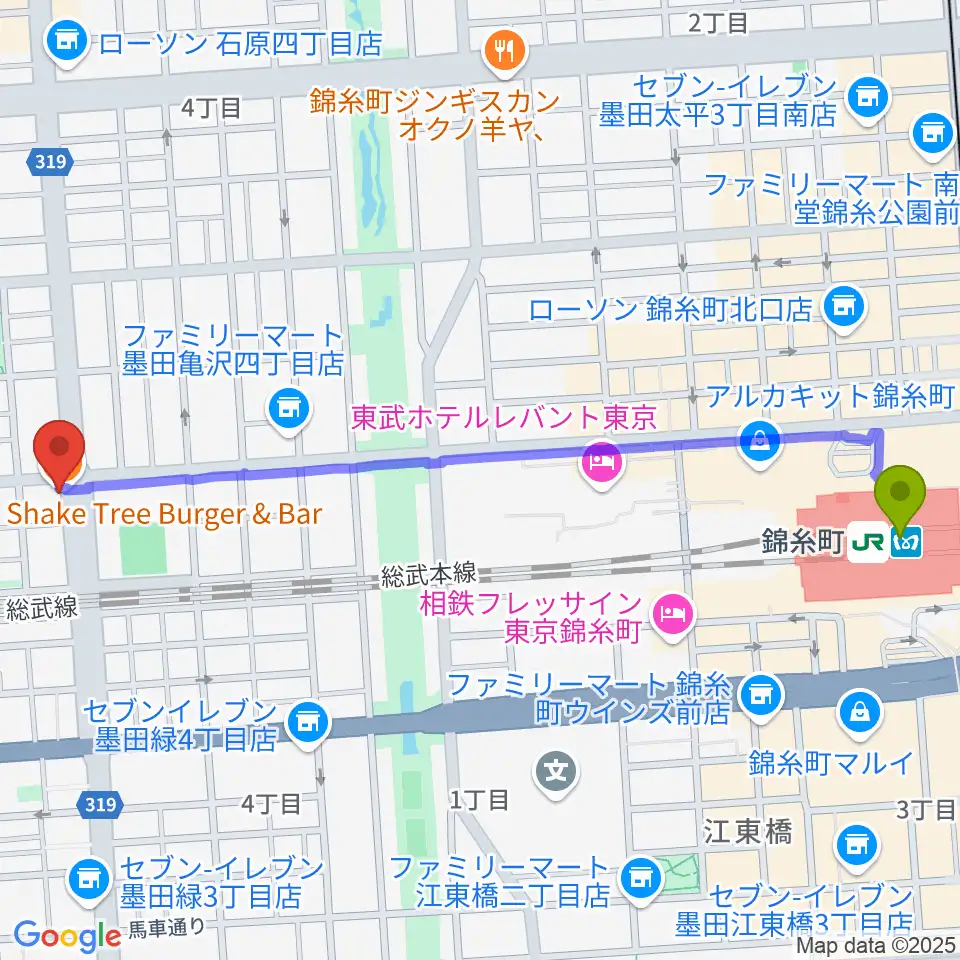 錦糸町J-flowの最寄駅錦糸町駅からの徒歩ルート（約14分）地図