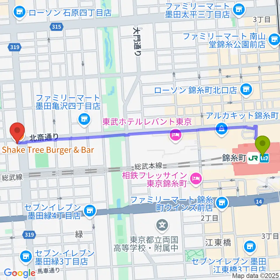 錦糸町J-flowの最寄駅錦糸町駅からの徒歩ルート（約14分）地図
