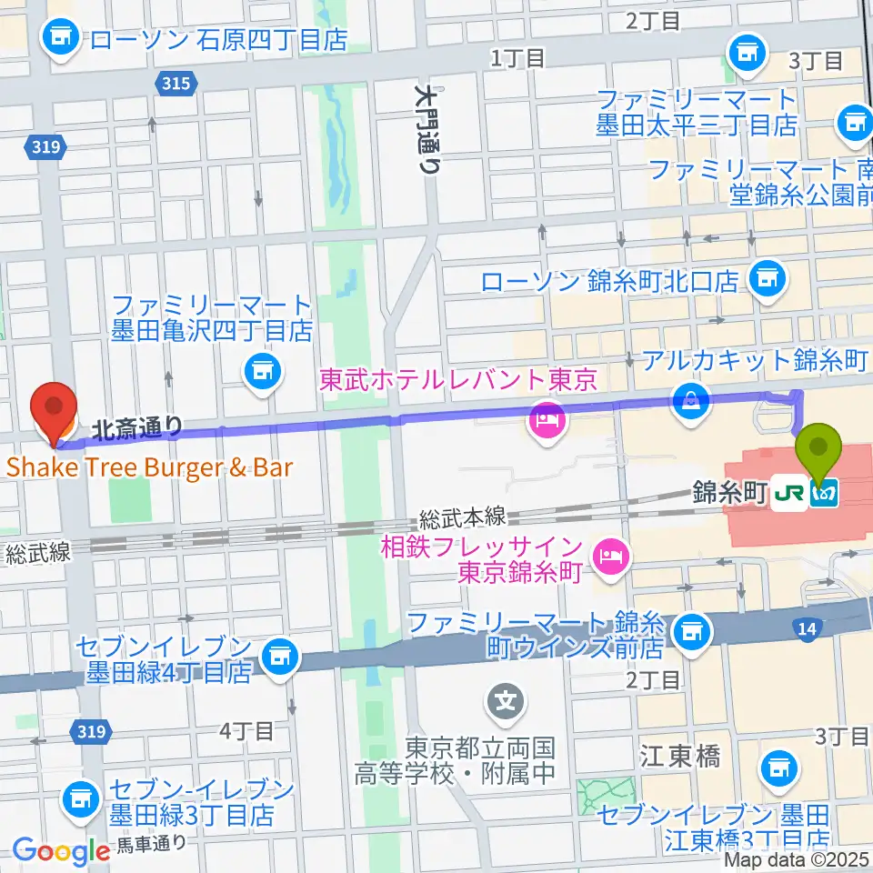 錦糸町J-flowの最寄駅錦糸町駅からの徒歩ルート（約14分）地図