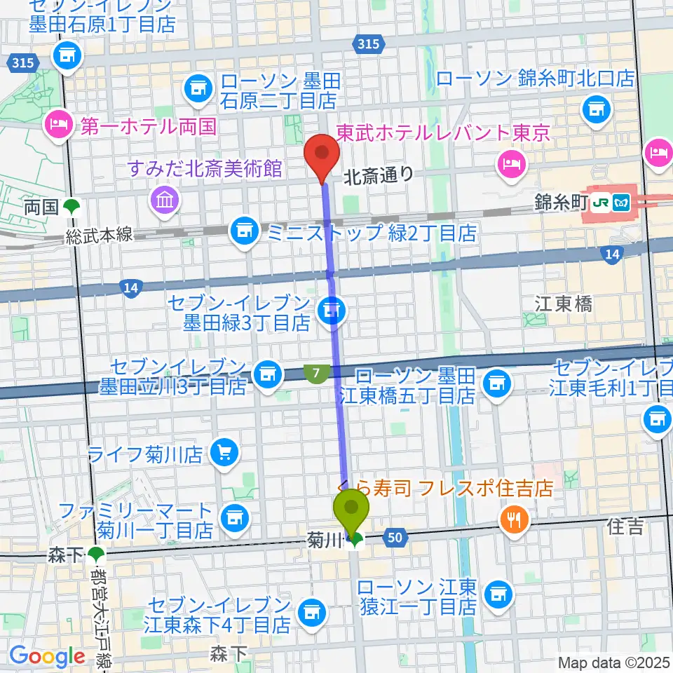 菊川駅から錦糸町J-flowへのルートマップ地図