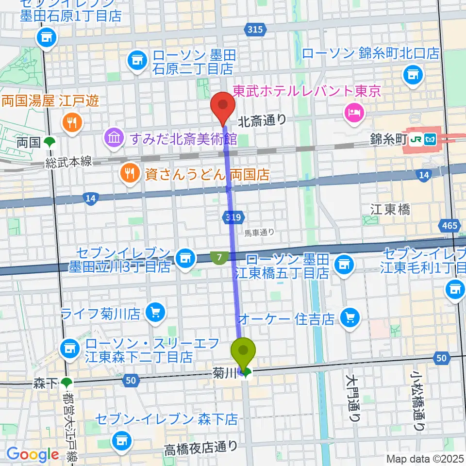 菊川駅から錦糸町J-flowへのルートマップ地図