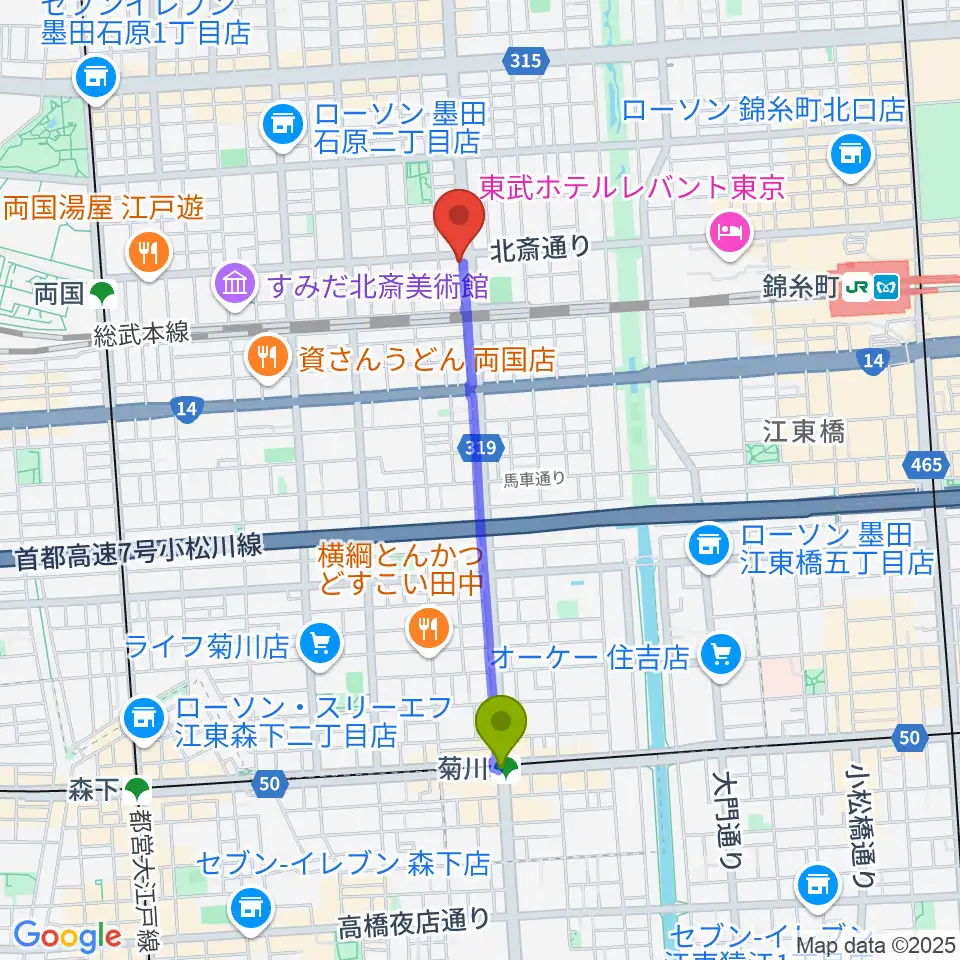 菊川駅から錦糸町J-flowへのルートマップ地図