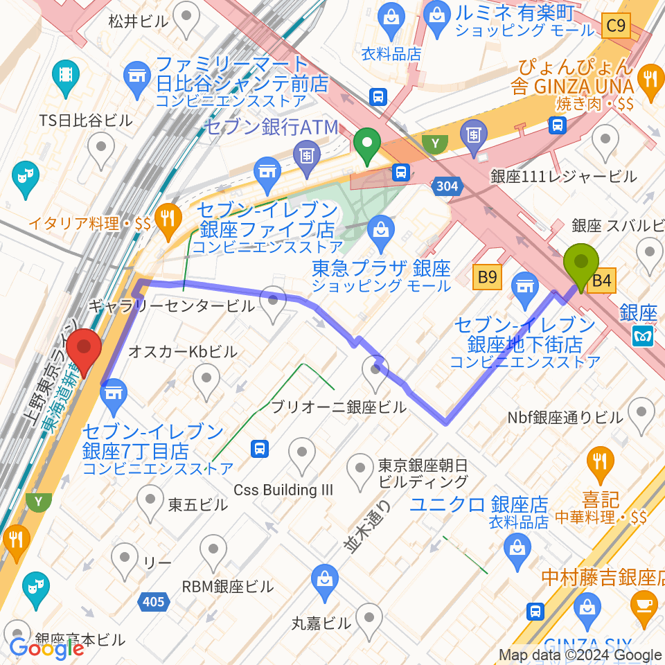 銀座駅からケネディハウス銀座へのルートマップ地図