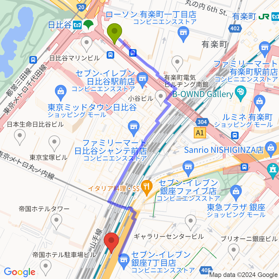 ケネディハウス銀座の最寄駅日比谷駅からの徒歩ルート（約6分）地図