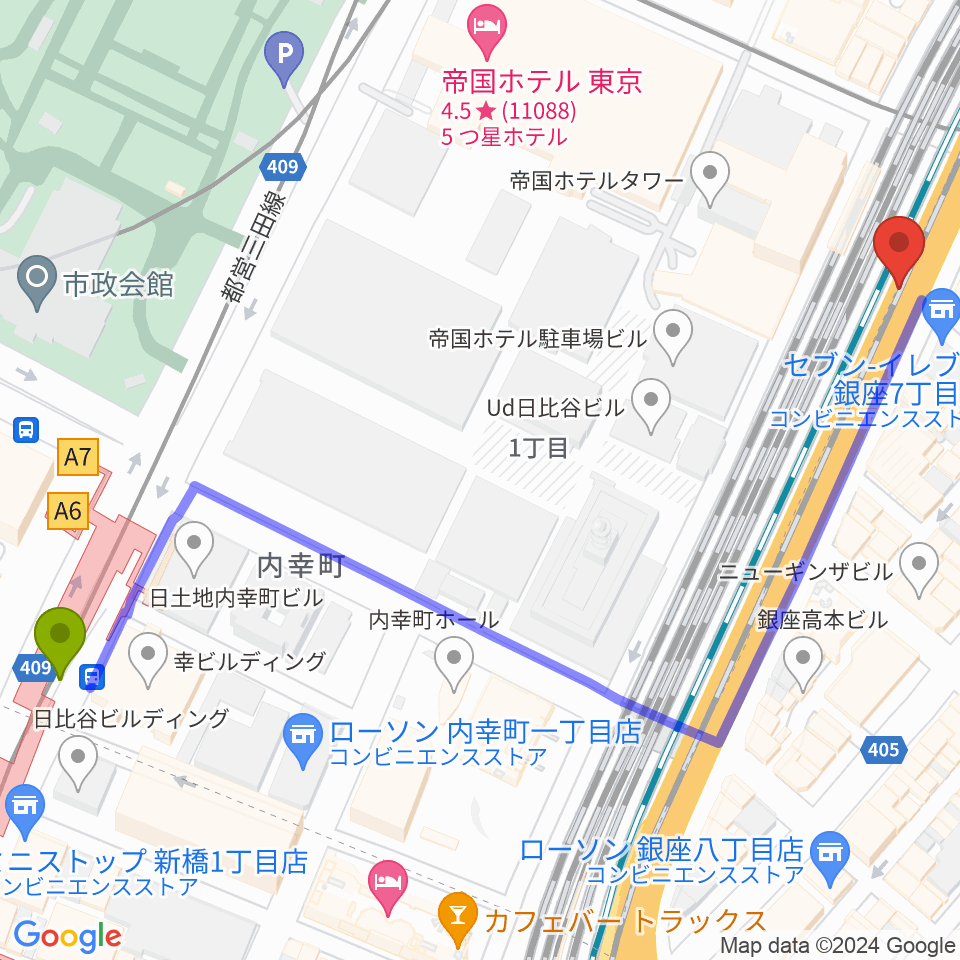 内幸町駅からケネディハウス銀座へのルートマップ地図