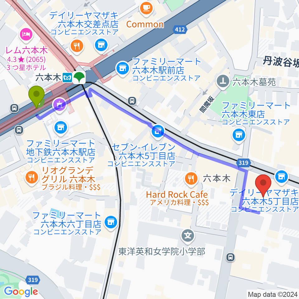 アビーロード六本木の最寄駅六本木駅からの徒歩ルート（約6分）地図