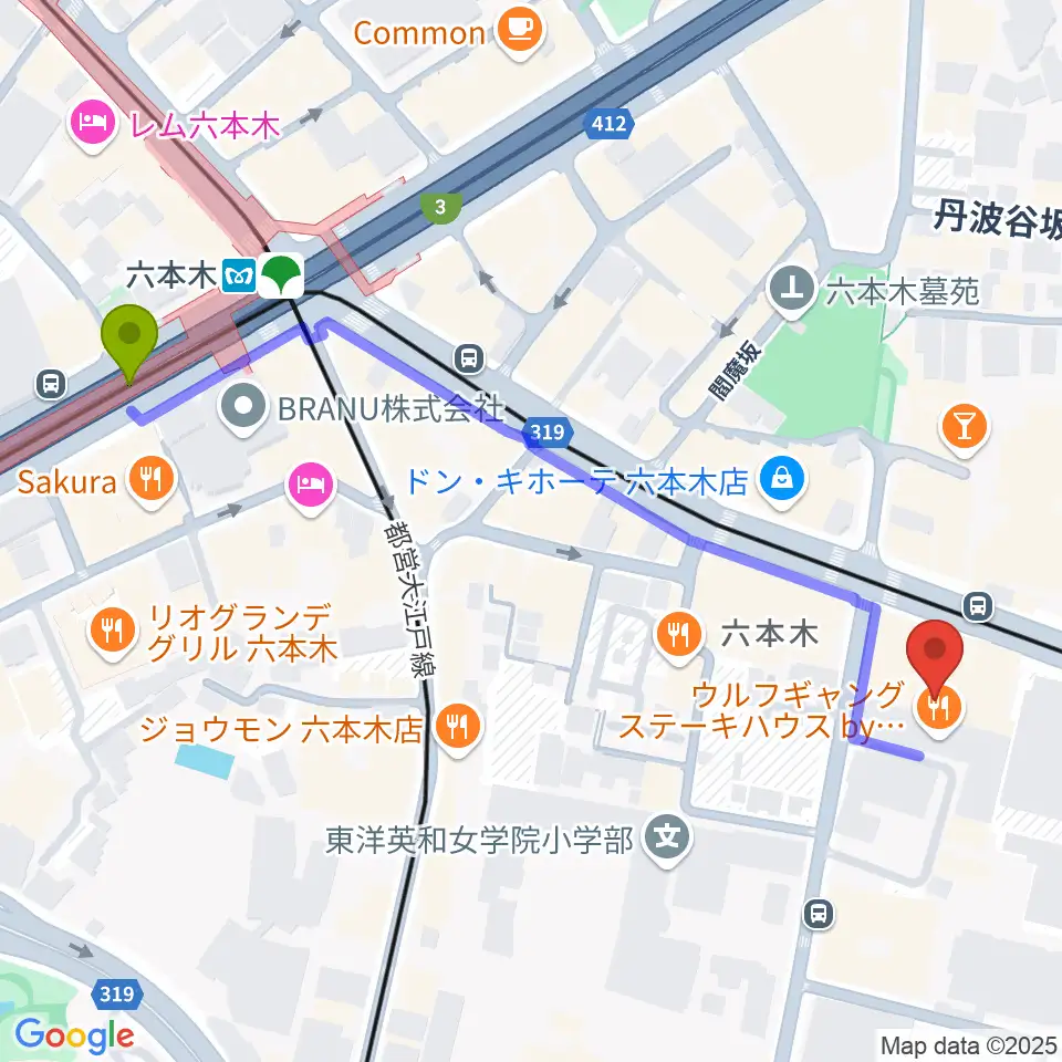 アビーロード六本木の最寄駅六本木駅からの徒歩ルート（約6分）地図