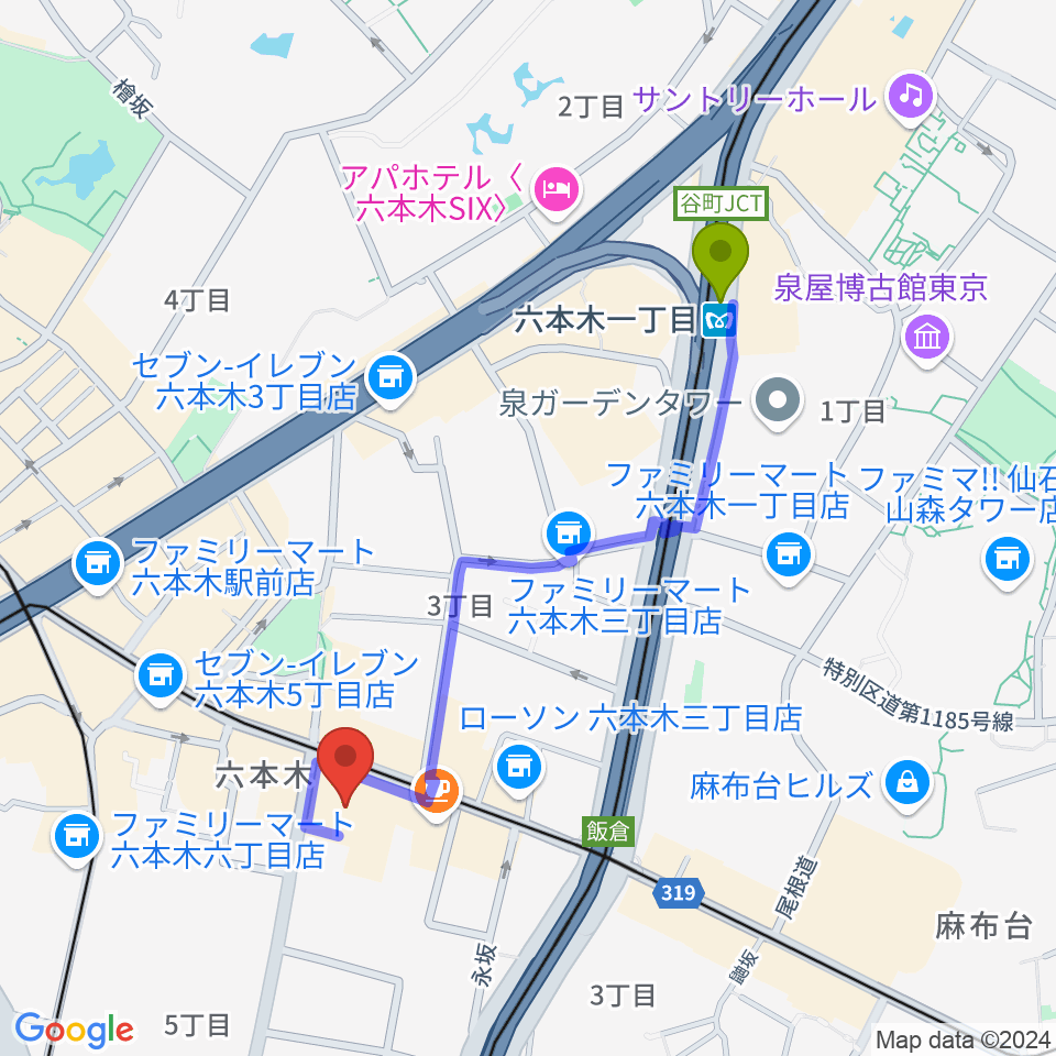 六本木一丁目駅からアビーロード六本木へのルートマップ地図