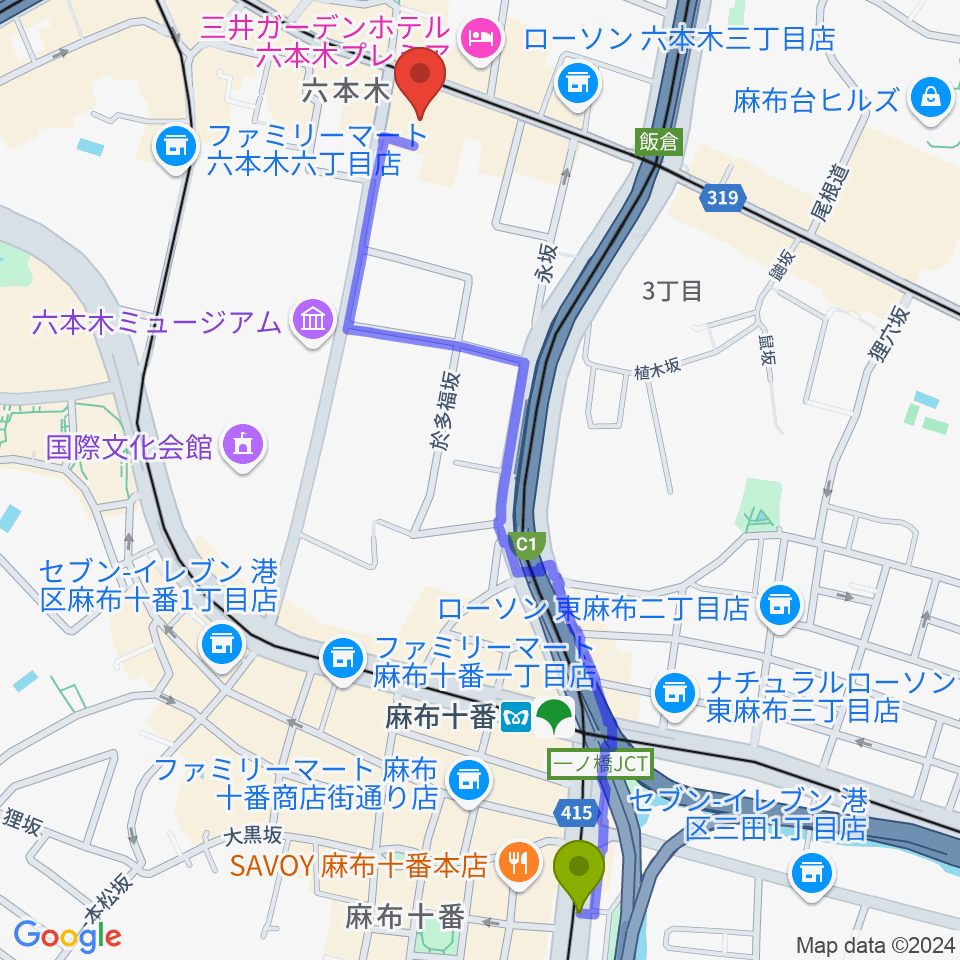 麻布十番駅からアビーロード六本木へのルートマップ地図