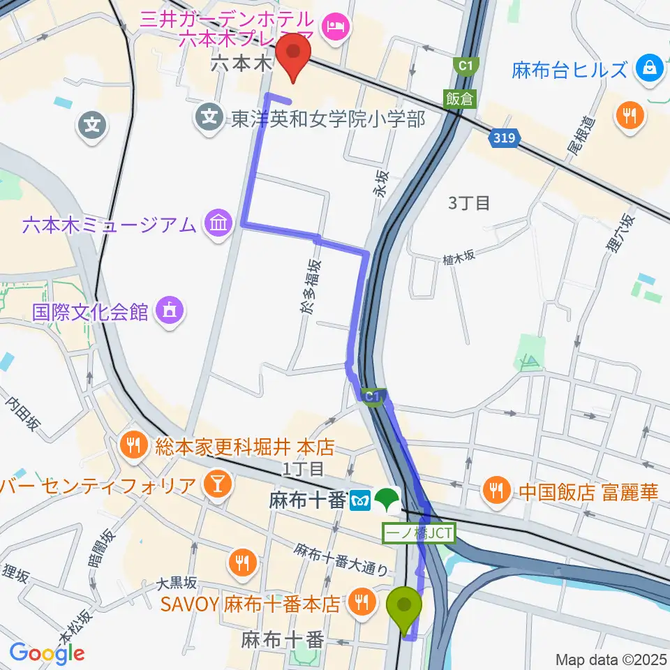 麻布十番駅からアビーロード六本木へのルートマップ地図