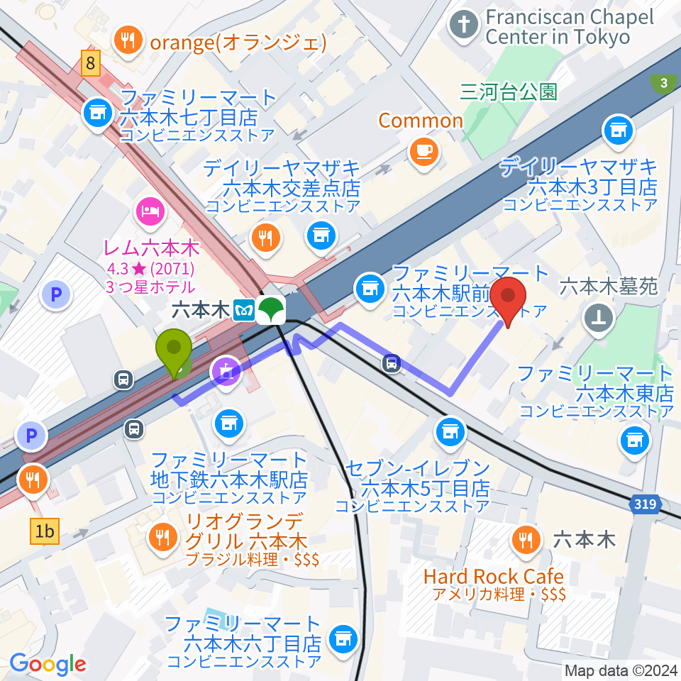 六本木バードランドの最寄駅六本木駅からの徒歩ルート（約4分）地図