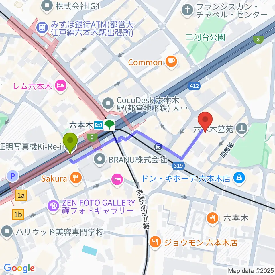 六本木バードランドの最寄駅六本木駅からの徒歩ルート（約4分）地図