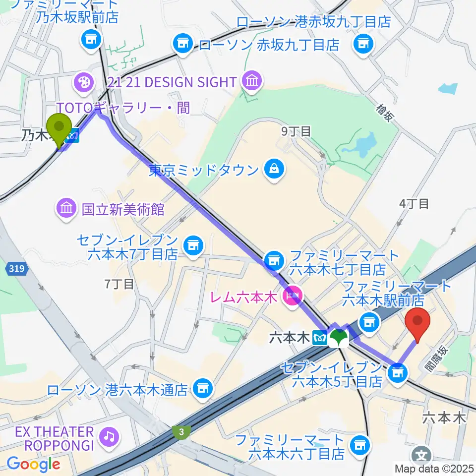 乃木坂駅から六本木バードランドへのルートマップ地図