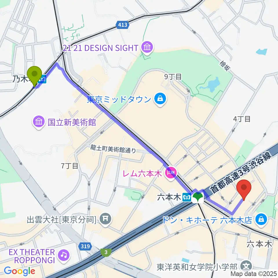 乃木坂駅から六本木バードランドへのルートマップ地図