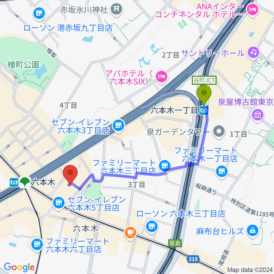 六本木一丁目駅から六本木バードランドへのルートマップ地図