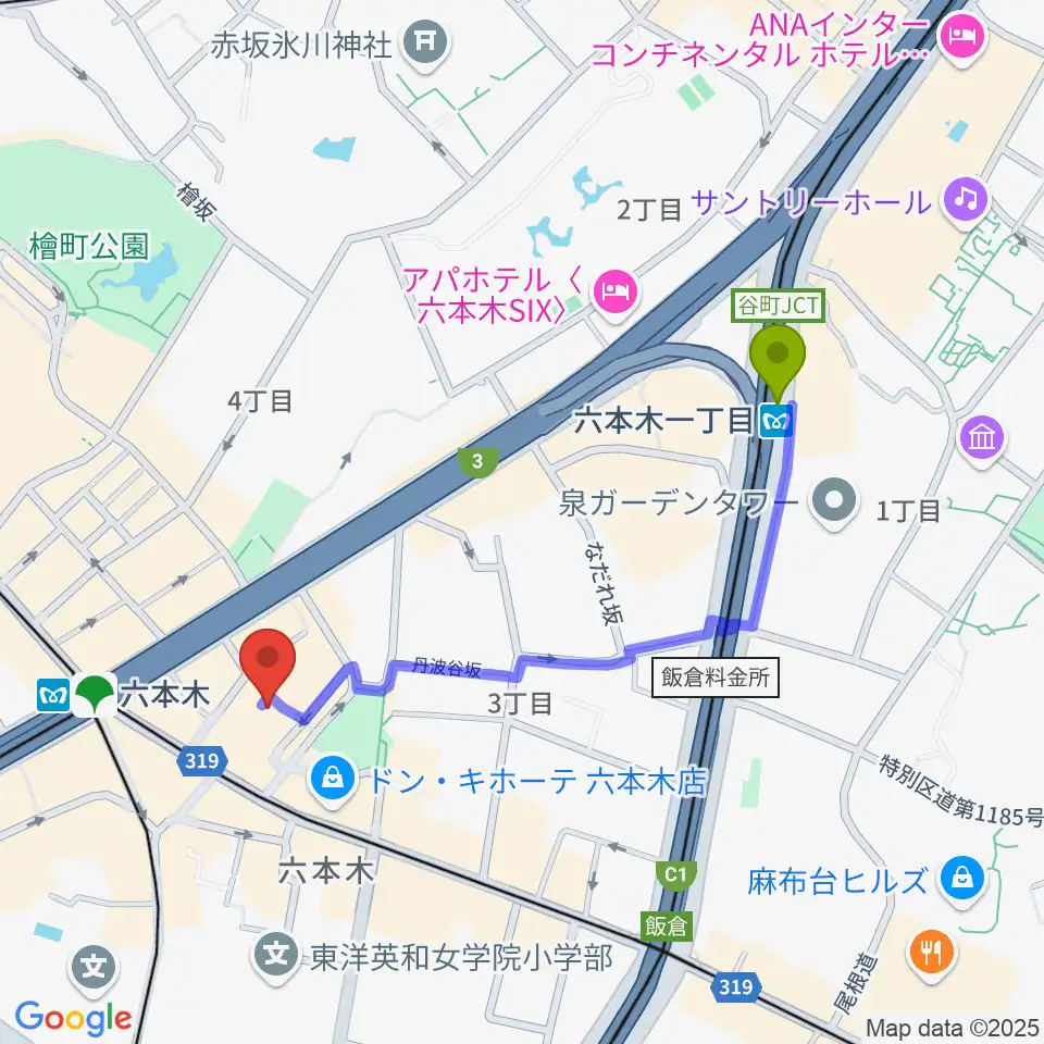 六本木一丁目駅から六本木バードランドへのルートマップ地図