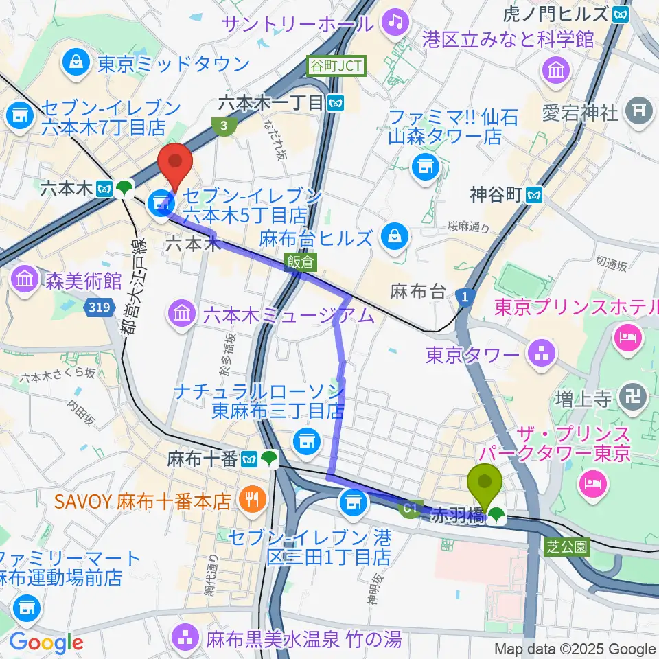 赤羽橋駅から六本木バードランドへのルートマップ地図