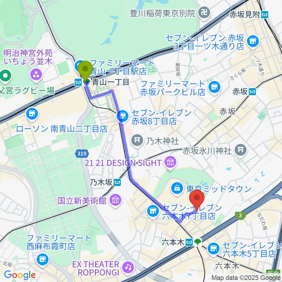 青山一丁目駅から六本木ライブハウスＺへのルートマップ地図