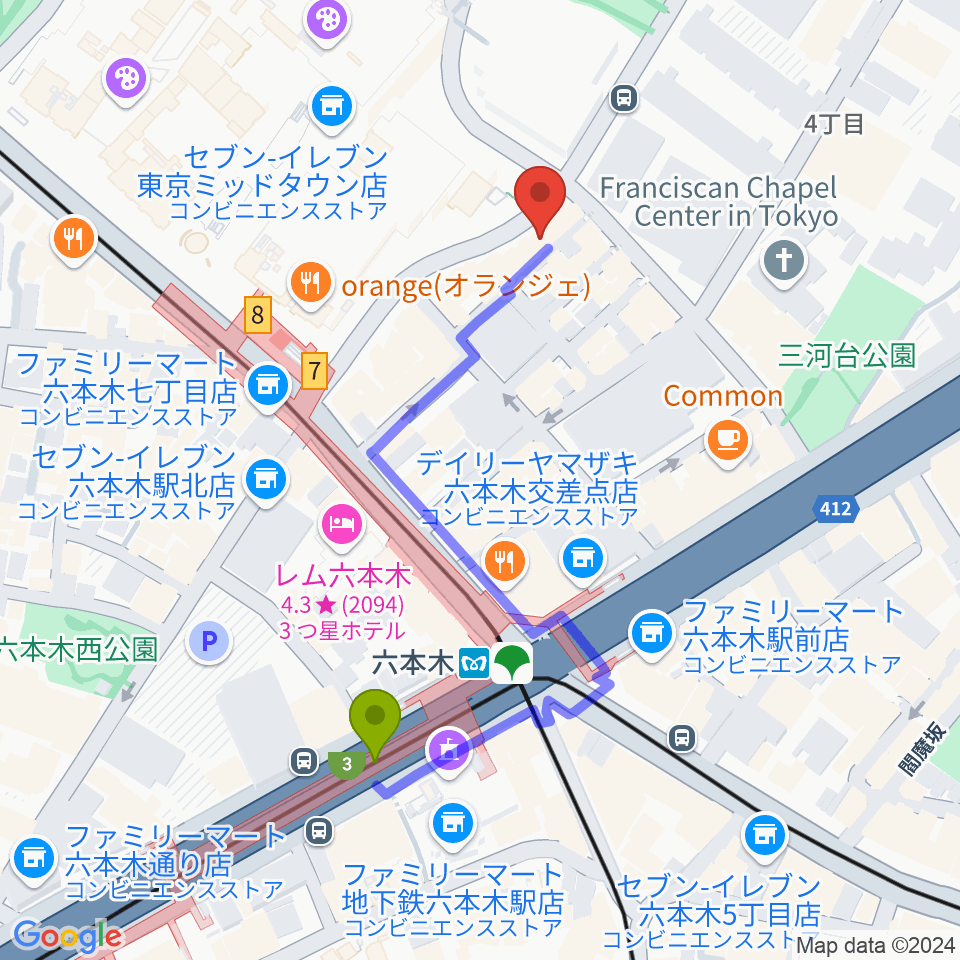 六本木ライブハウスＺの最寄駅六本木駅からの徒歩ルート（約4分）地図