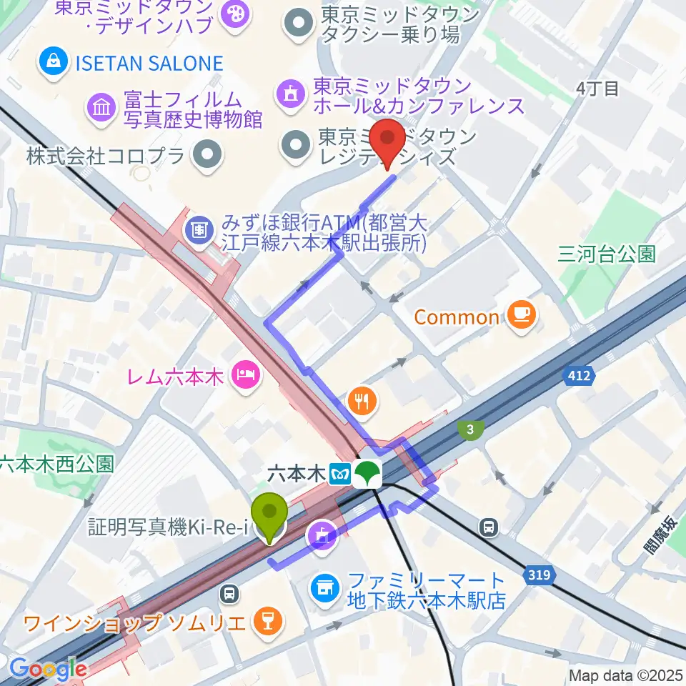 六本木ライブハウスＺの最寄駅六本木駅からの徒歩ルート（約4分）地図