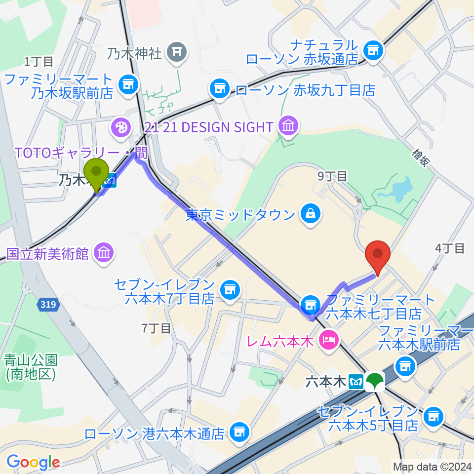 乃木坂駅から六本木ライブハウスＺへのルートマップ地図