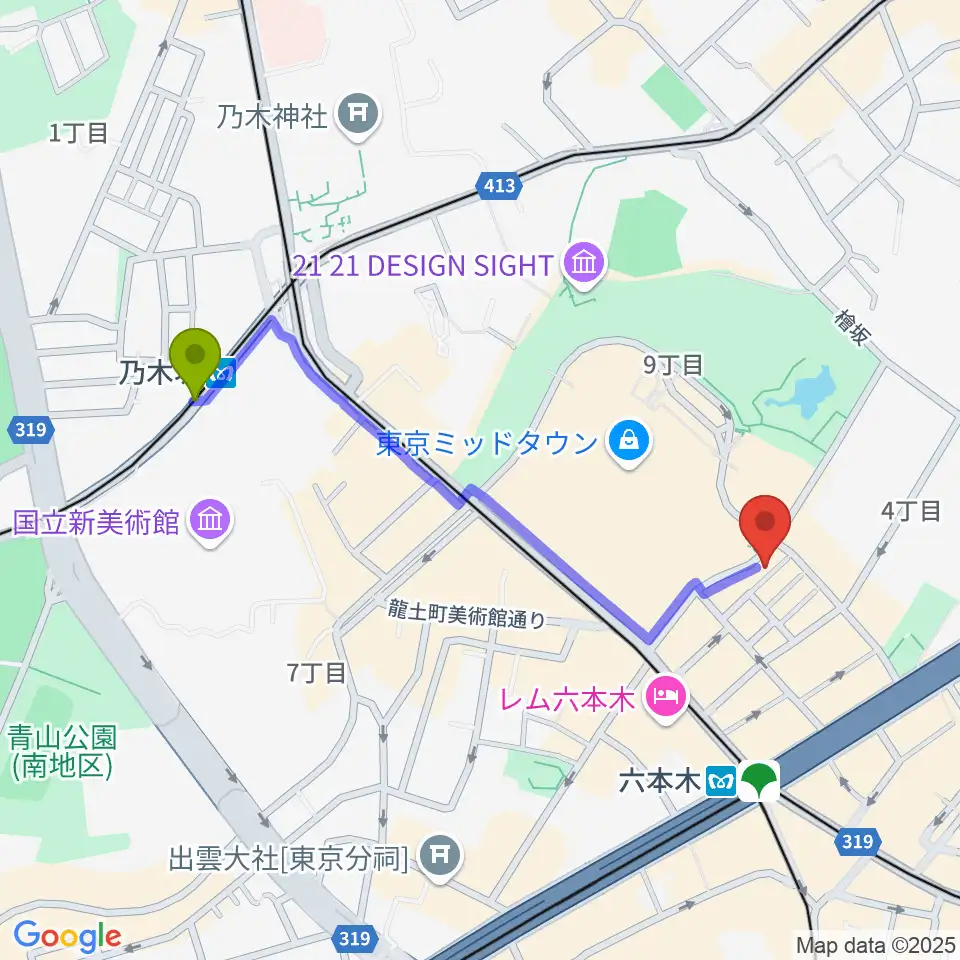 乃木坂駅から六本木ライブハウスＺへのルートマップ地図