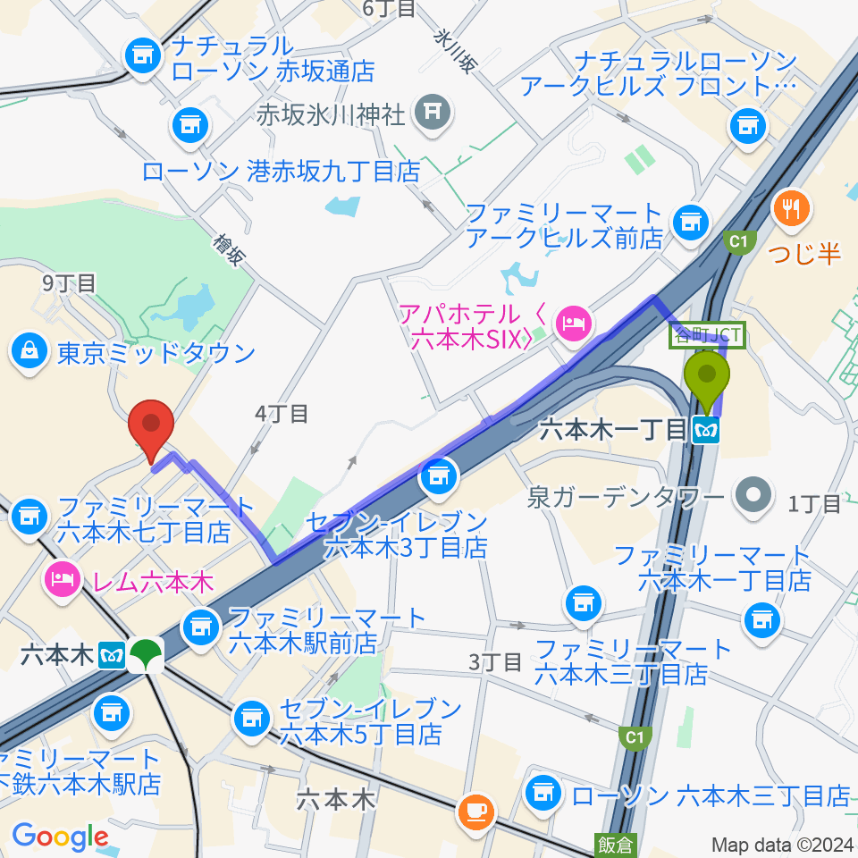 六本木一丁目駅から六本木ライブハウスＺへのルートマップ地図