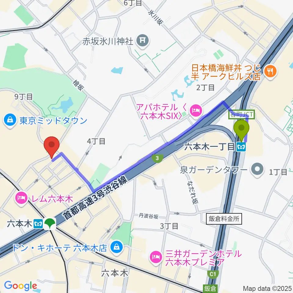 六本木一丁目駅から六本木ライブハウスＺへのルートマップ地図