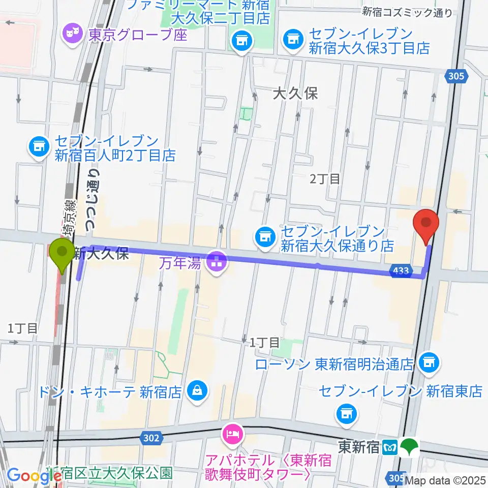 新大久保駅から真昼の月・夜の太陽へのルートマップ地図