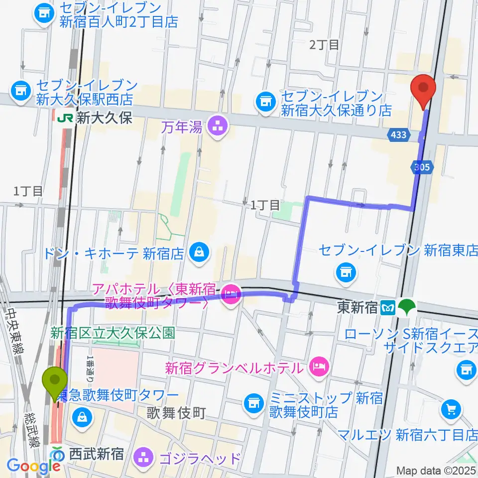 西武新宿駅から真昼の月・夜の太陽へのルートマップ地図