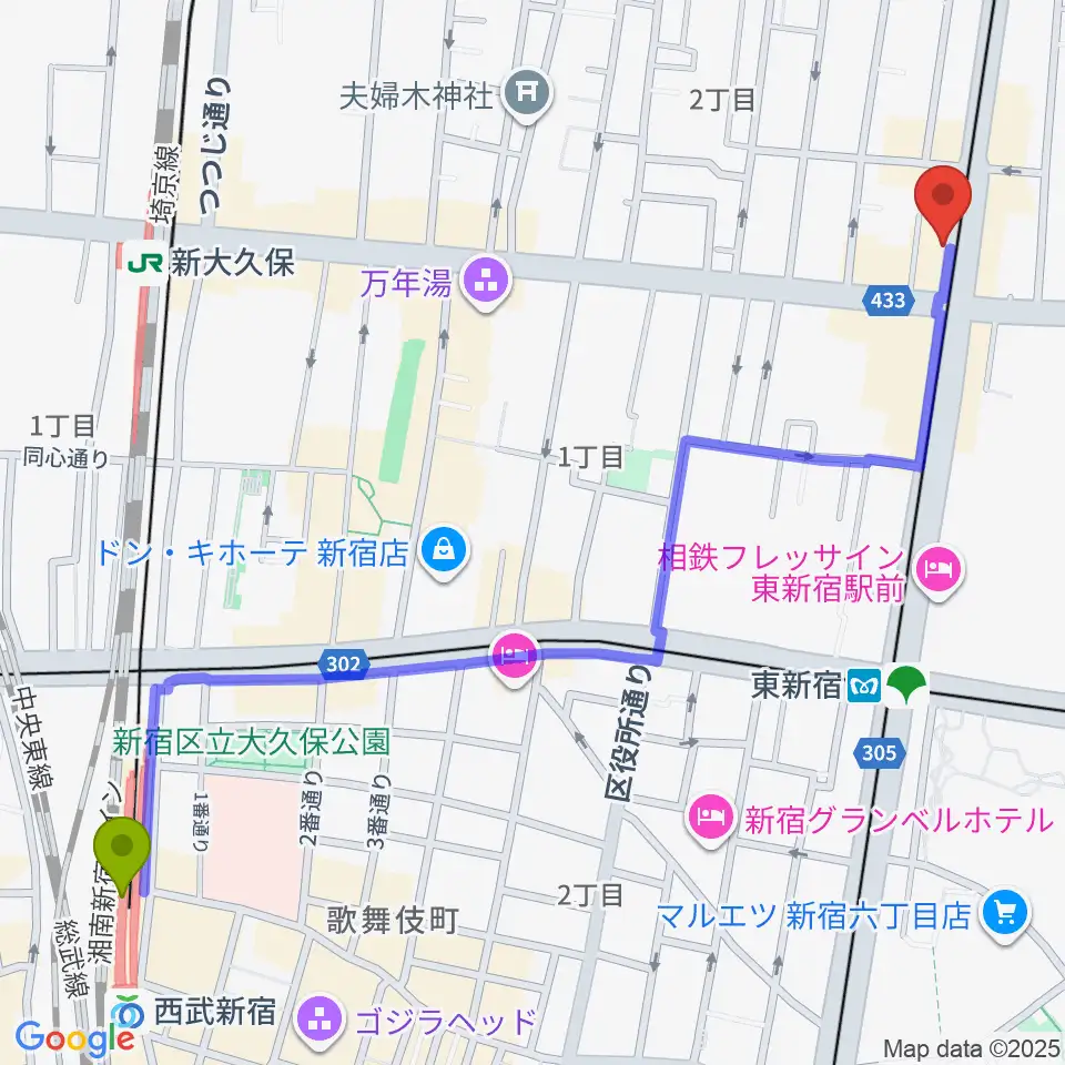 西武新宿駅から真昼の月・夜の太陽へのルートマップ地図