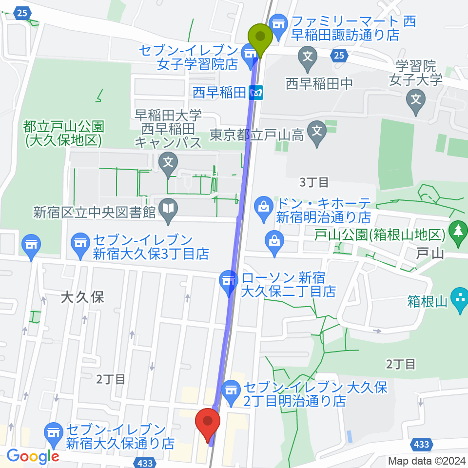 西早稲田駅から真昼の月・夜の太陽へのルートマップ地図