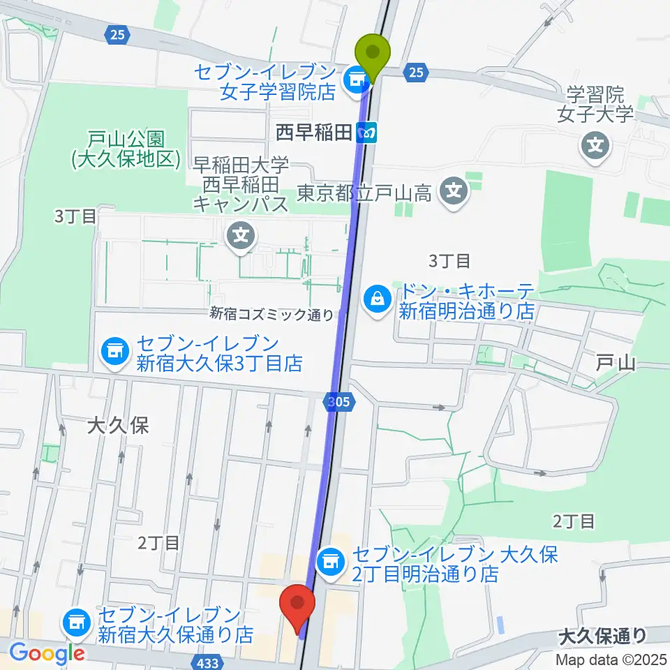 西早稲田駅から真昼の月・夜の太陽へのルートマップ地図