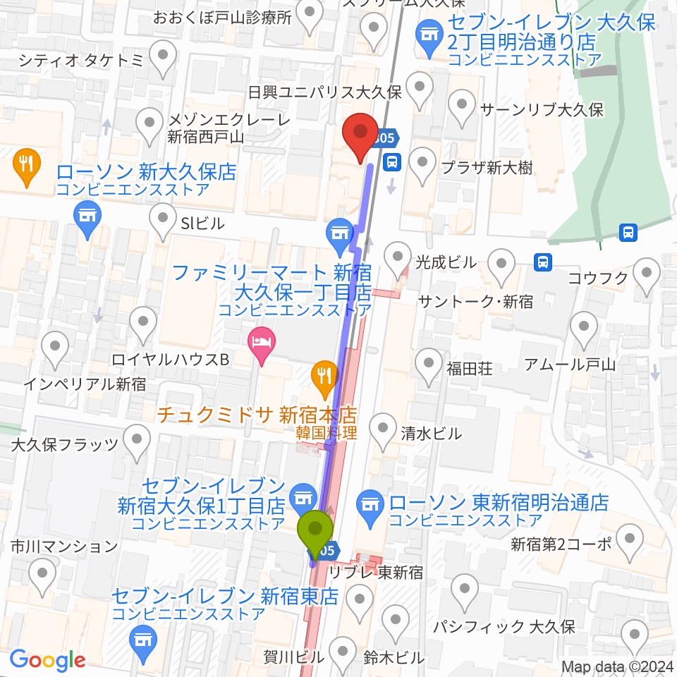 真昼の月・夜の太陽の最寄駅東新宿駅からの徒歩ルート（約5分）地図