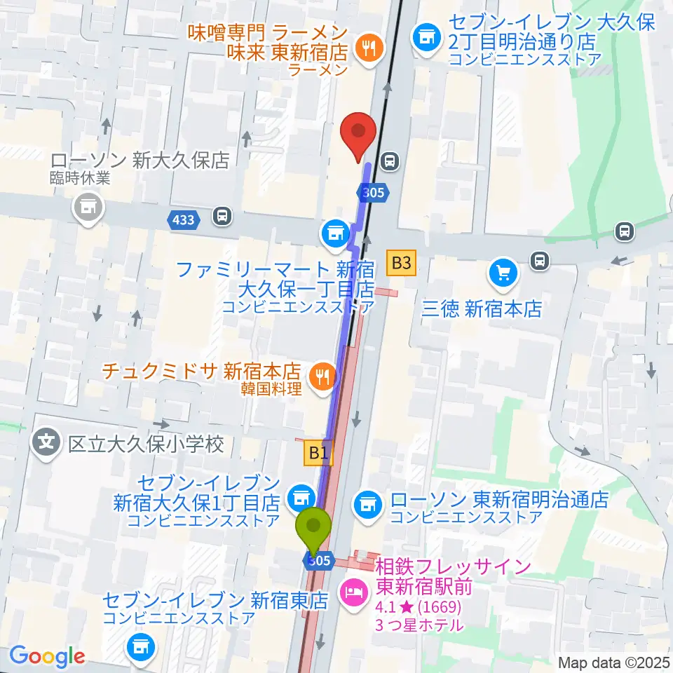 真昼の月・夜の太陽の最寄駅東新宿駅からの徒歩ルート（約5分）地図