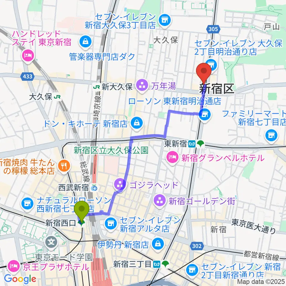 新宿西口駅から真昼の月・夜の太陽へのルートマップ地図