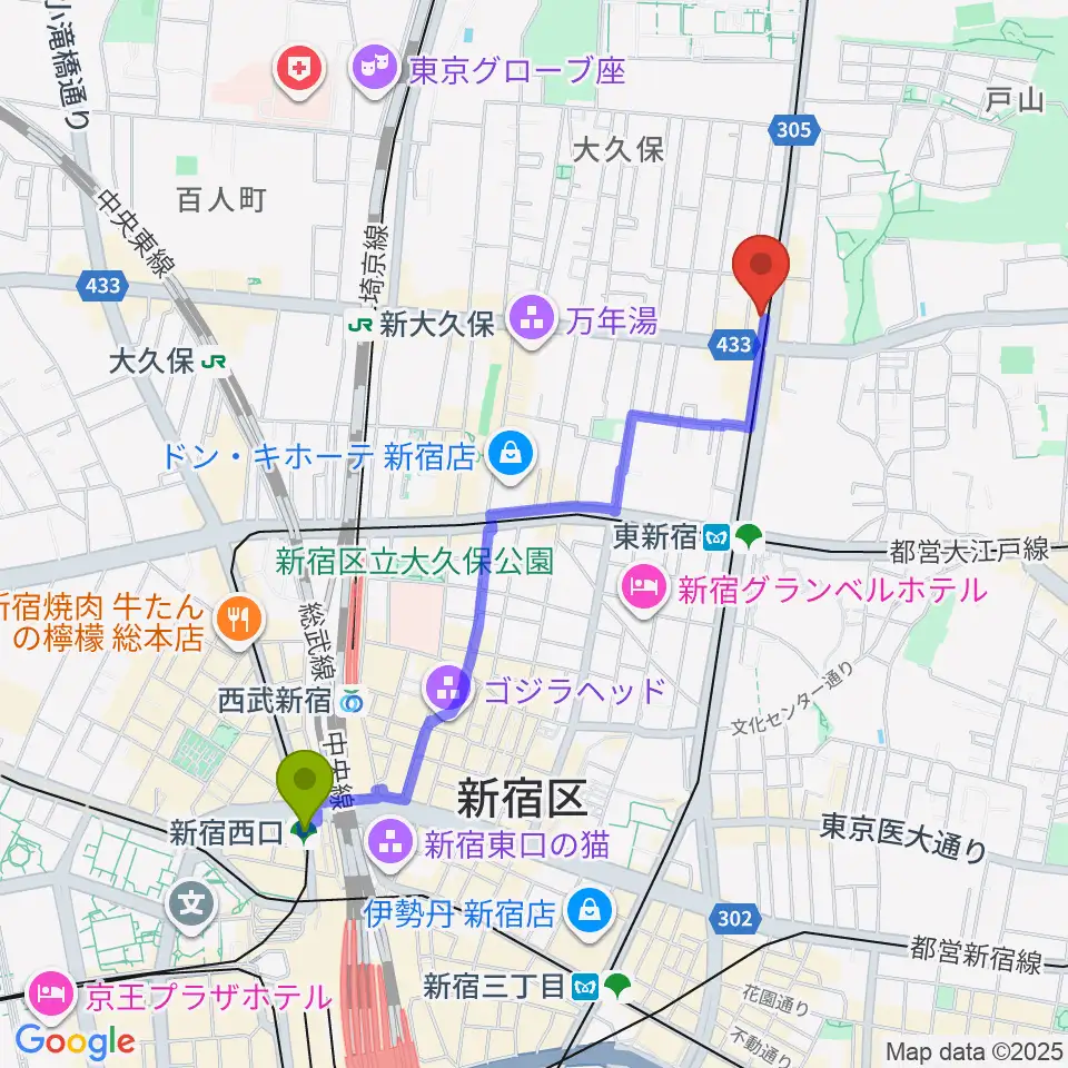 新宿西口駅から真昼の月・夜の太陽へのルートマップ地図