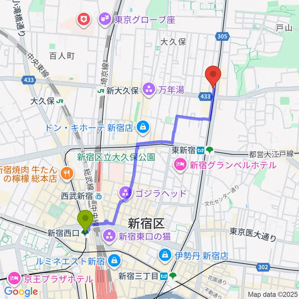 新宿西口駅から真昼の月・夜の太陽へのルートマップ地図
