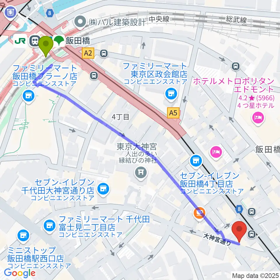 飯田橋スペースウィズの最寄駅飯田橋駅からの徒歩ルート（約7分）地図